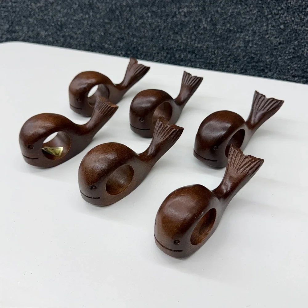 Vintage Hand Carved Wood Whale Napkin Rings Set of 6 Dark Brown Nautical Coastal